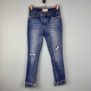 Free People Womens Ripped Fray Raw Hem Stretch Skinny Blue Mid Rise Jeans Sz‎ 28